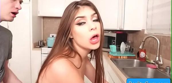  Lovely teen brunette Winter Jade enjoy hard fat cock up in her juicy pussy from behind in the kitchen
